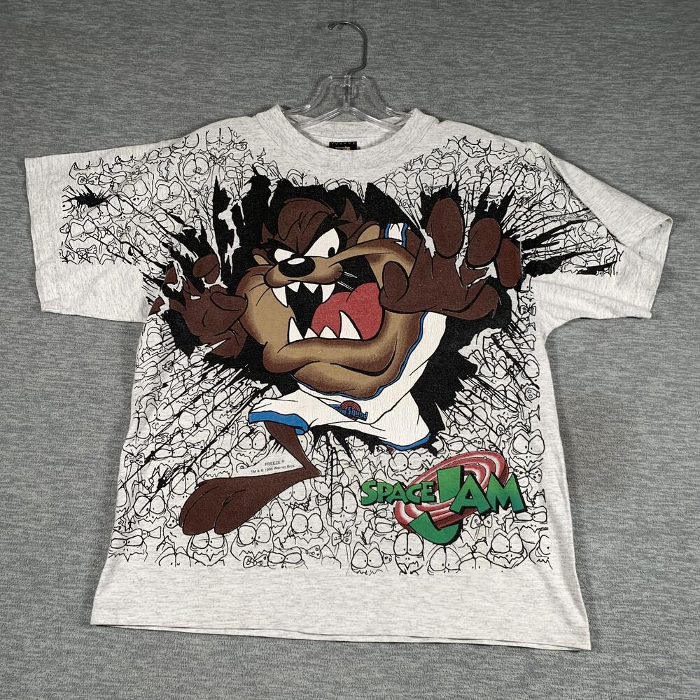 Vintage Space Jam Taz Shirt Kids XL Gray Allover Looney Tunes Graphic USA 1996